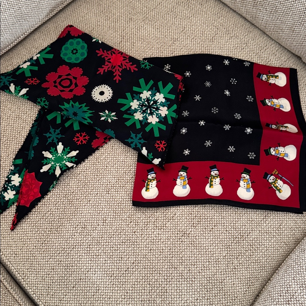 Festive Snowflake and Snowman Silk Scarves- set of 2. Like new.
